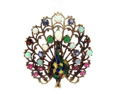 Vintage Solid Gold Opal Emerald Garnet Pink Blue Sapphire Peacock Brooch Pendant