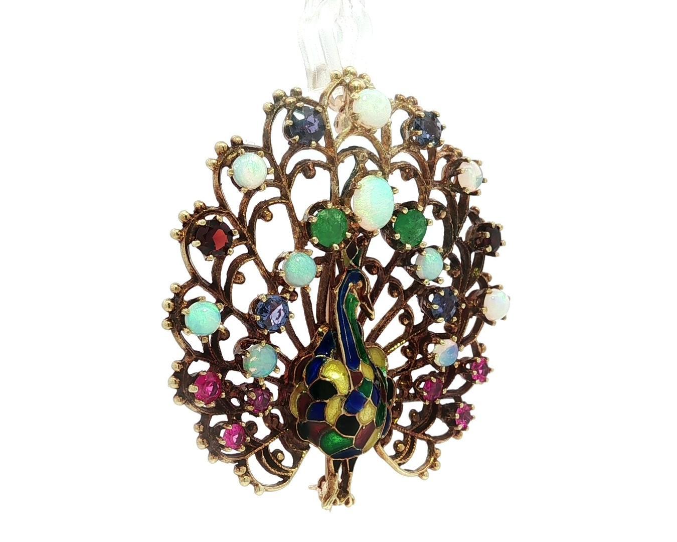 Cabochon Vintage Solid Gold Opal Emerald Garnet Pink Blue Sapphire Peacock Brooch Pendant For Sale