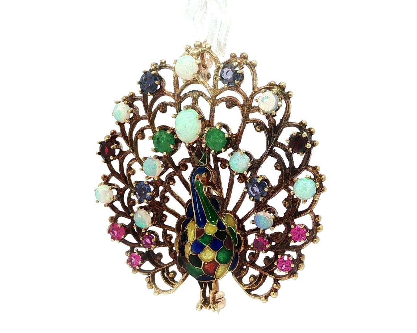 Vintage Solid Gold Opal Emerald Garnet Pink Blue Sapphire Peacock Brooch Pendant In Good Condition For Sale In Montclair, NJ