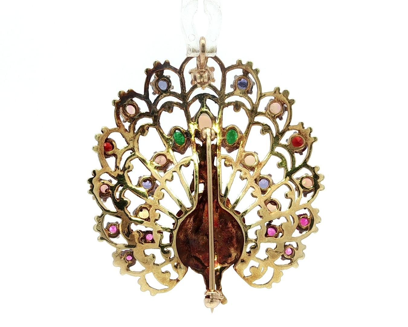Women's Vintage Solid Gold Opal Emerald Garnet Pink Blue Sapphire Peacock Brooch Pendant For Sale