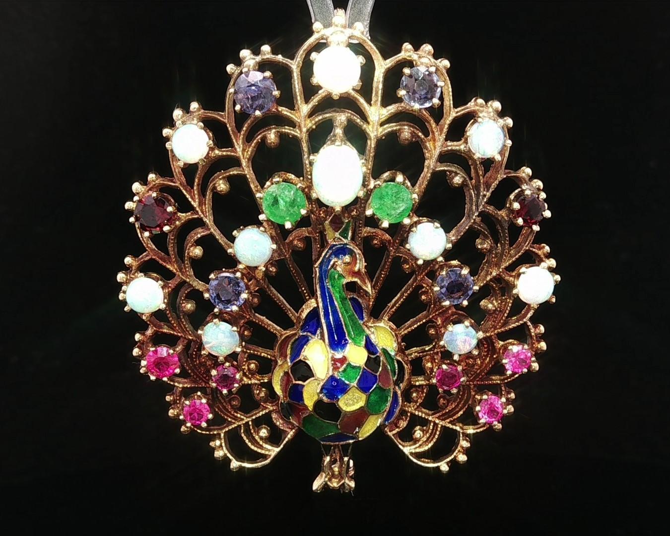 Vintage Solid Gold Opal Emerald Garnet Pink Blue Sapphire Peacock Brooch Pendant For Sale 1