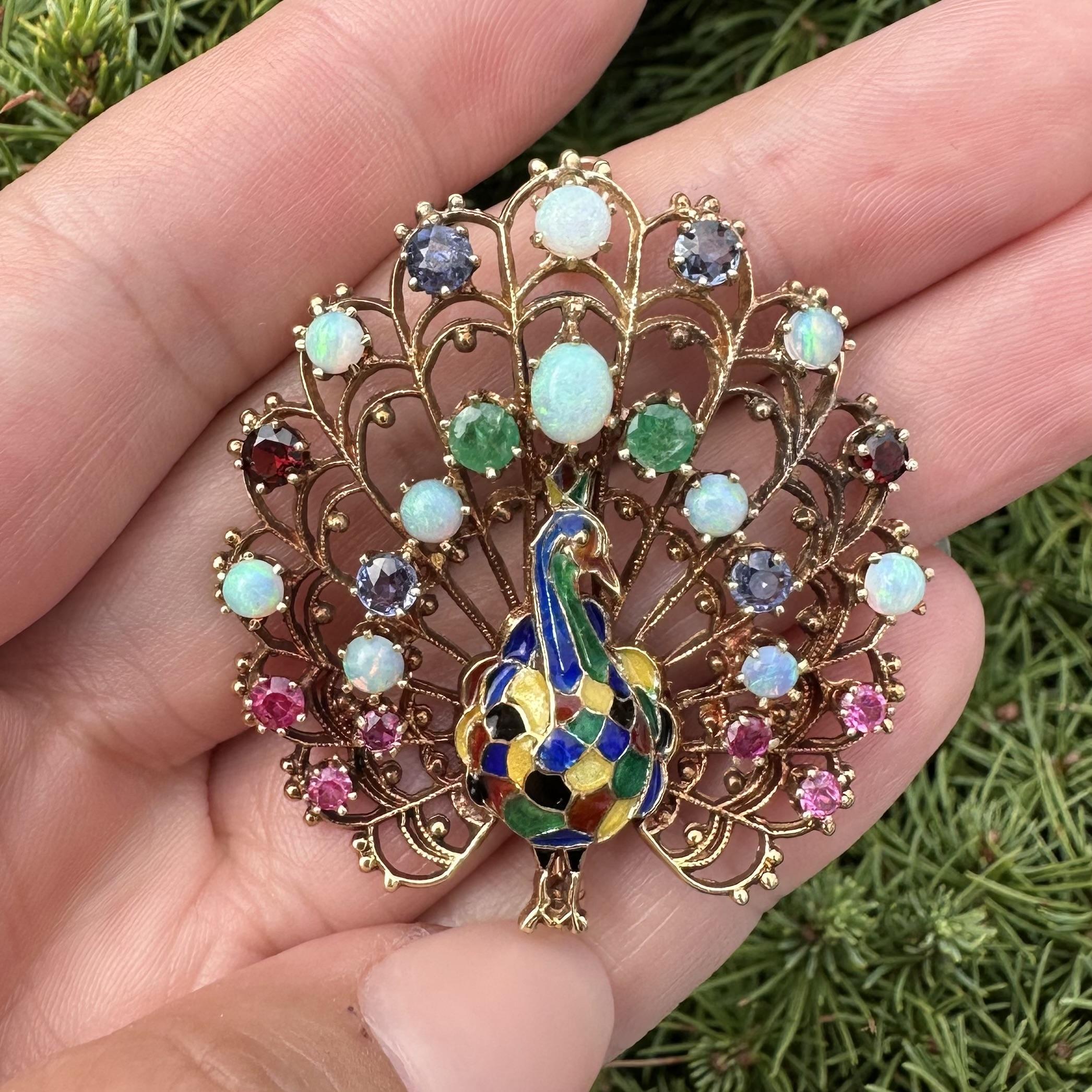 Vintage Solid Gold Opal Emerald Garnet Pink Blue Sapphire Peacock Brooch Pendant For Sale 2