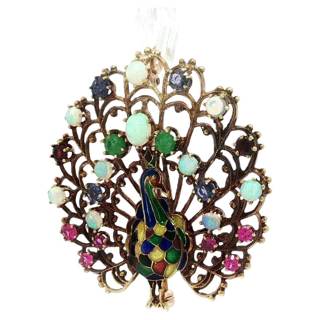 Vintage Solid Gold Opal Emerald Garnet Pink Blue Sapphire Peacock Brooch Pendant For Sale