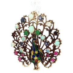 Vintage Solid Gold Opal Emerald Garnet Pink Blue Sapphire Peacock Brooch Pendant