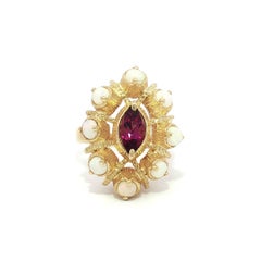 Vintage Solid Gold Opal w/ Rhodolite Garnet Textured Marquise Shape Ring