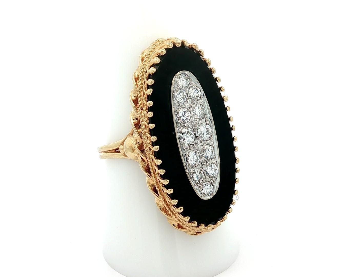 --Stone(s):--
(1) Natural Genuine Onyx - Oval Cabochon Cut - Prong Set - Black Color - 30x14.9mm (approx.)
(12) Natural Genuine Diamonds - Round Brilliant Cut - Pave Set - F/G Color - VS1/VS2 Clarity - 0.60ctw (approx.)

Material: Solid 14k Yellow &