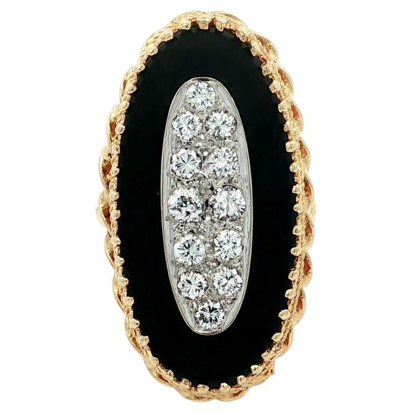Vintage Solid Gold Oval Cabochon Black Onyx .60ctw Pave Diamond Center Ring