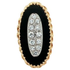 Vintage Solid Gold Oval Cabochon Black Onyx .60ctw Pave Diamond Center Ring