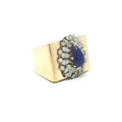 Anillo llamativo vintage con lapislázuli en forma de pera con cabujón de oro macizo y flor de diamantes en racimo