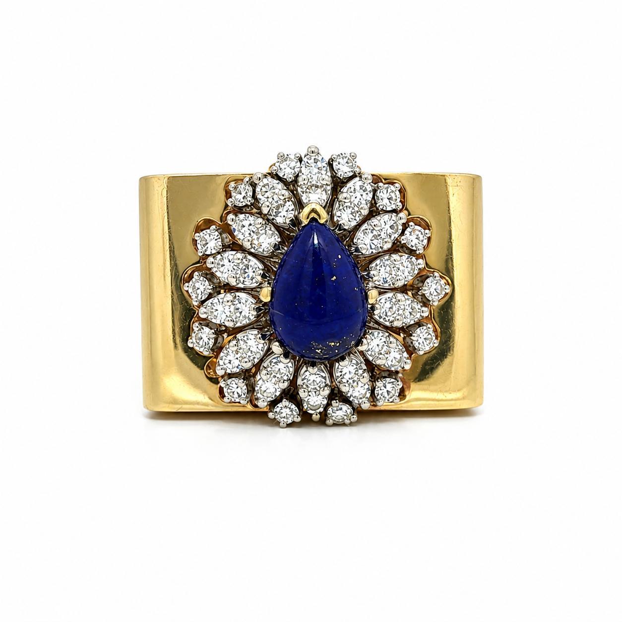 Vintage Solid Gold Pear Cabochon Lapis in Diamond Cluster Flower Statement Ring For Sale