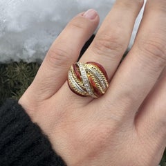 Vintage Solid Gold Single Diamond Red Orange Enamel Twisted Domed Bombe Ring