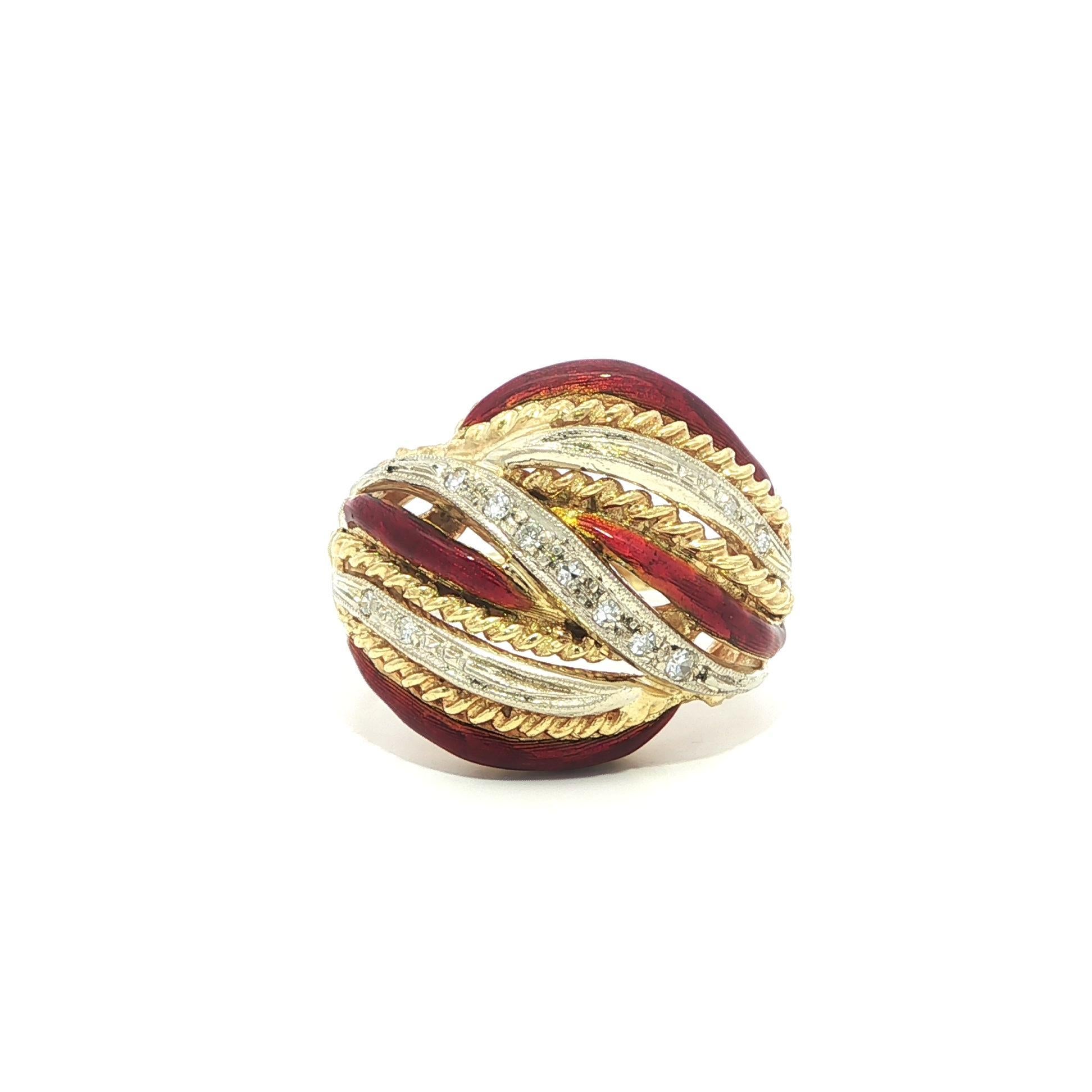 Vintage Solid Gold Single Diamond Red Orange Enamel Twisted Domed Bombe Ring For Sale