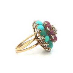Vintage Solid Gold Turquoise Ruby & Diamond Flower Cluster Round Platter Ring