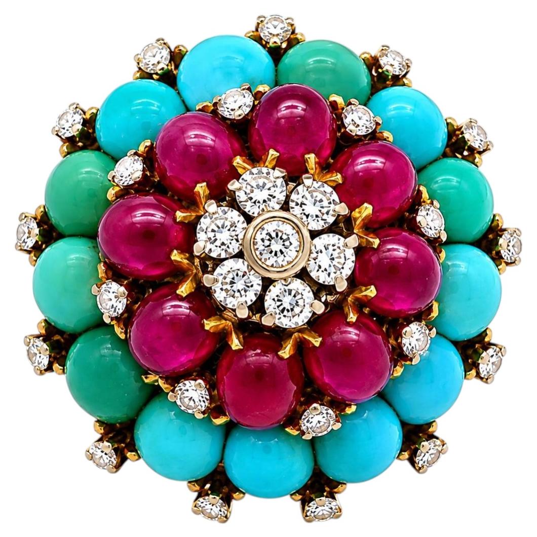 Vintage Solid Gold Turquoise Ruby & Diamond Flower Cluster Round Platter Ring For Sale