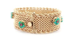 Vintage Solid Gold Turquoise Ruby Flower Cluster Strap Mesh Woven Wide Bracelet
