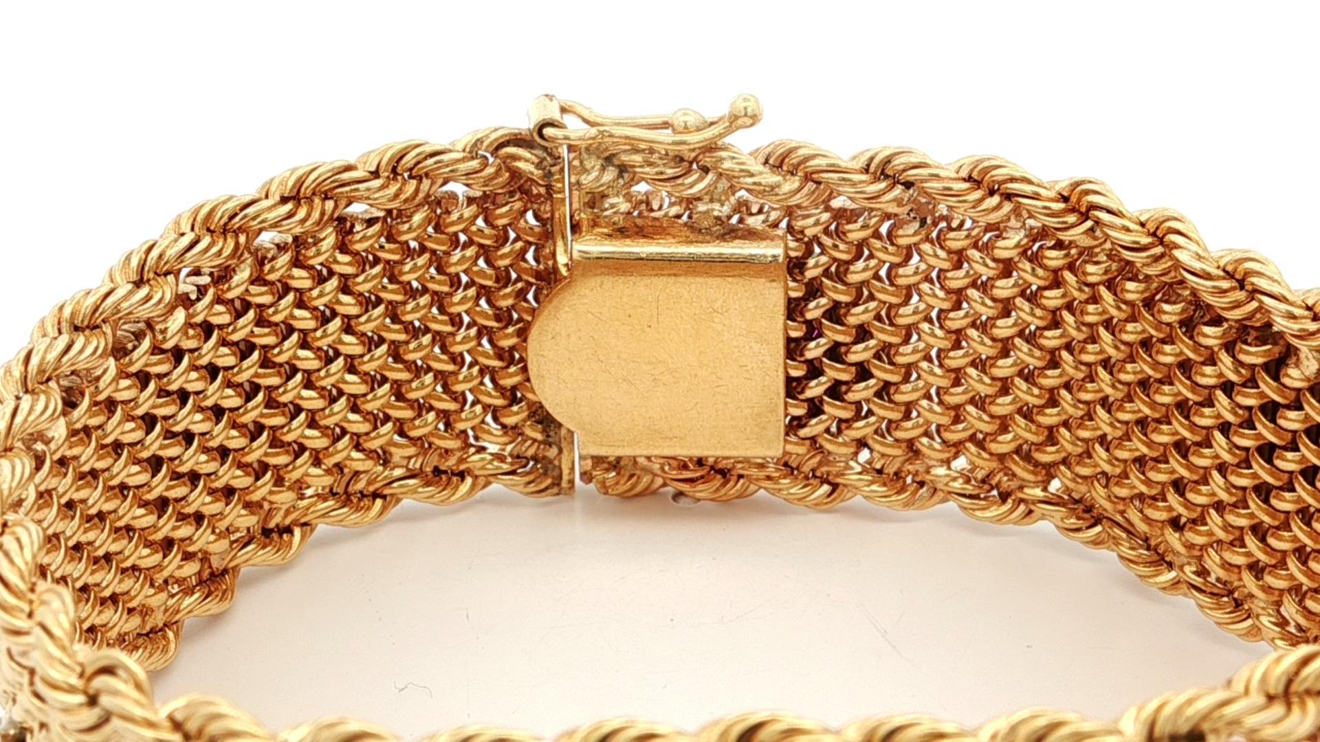 Bead Vintage Solid Gold Turquoise Ruby Flower Cluster Strap Mesh Woven Wide Bracelet For Sale