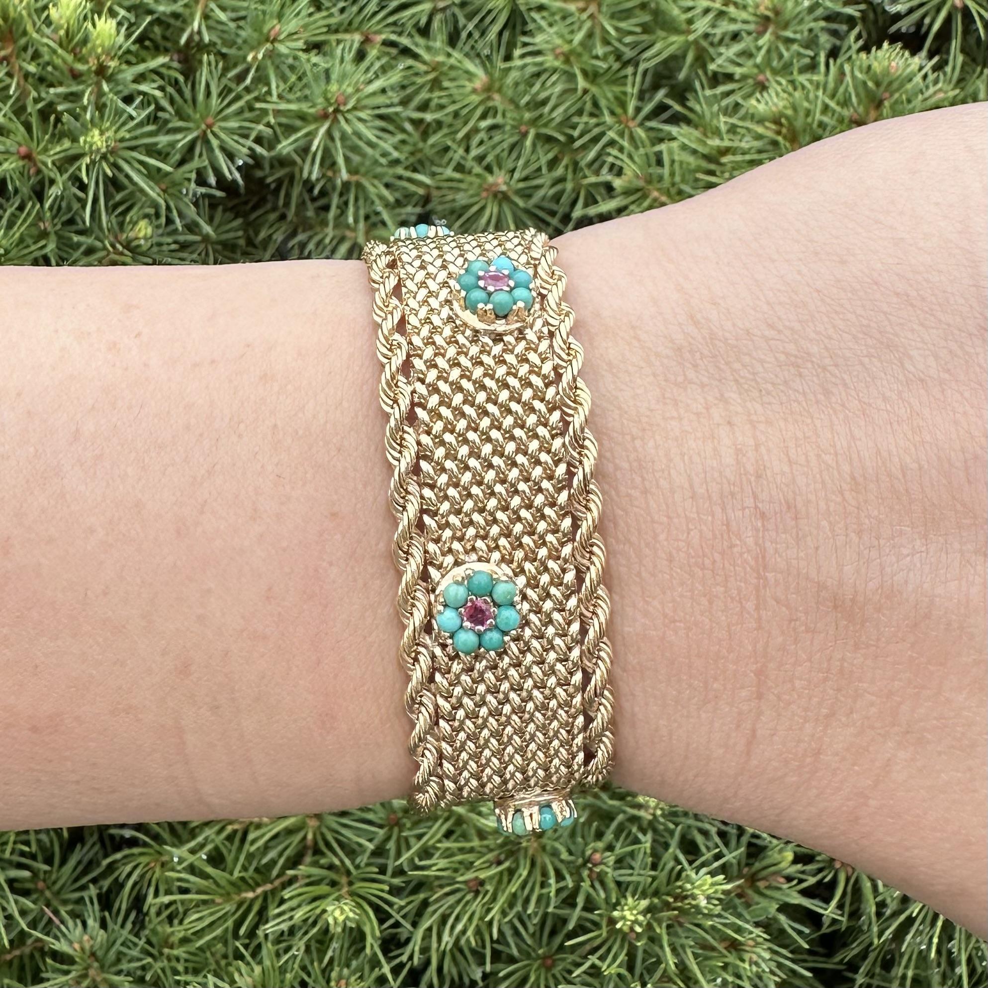 Vintage Solid Gold Turquoise Ruby Flower Cluster Strap Mesh Woven Wide Bracelet In Good Condition For Sale In Montclair, NJ