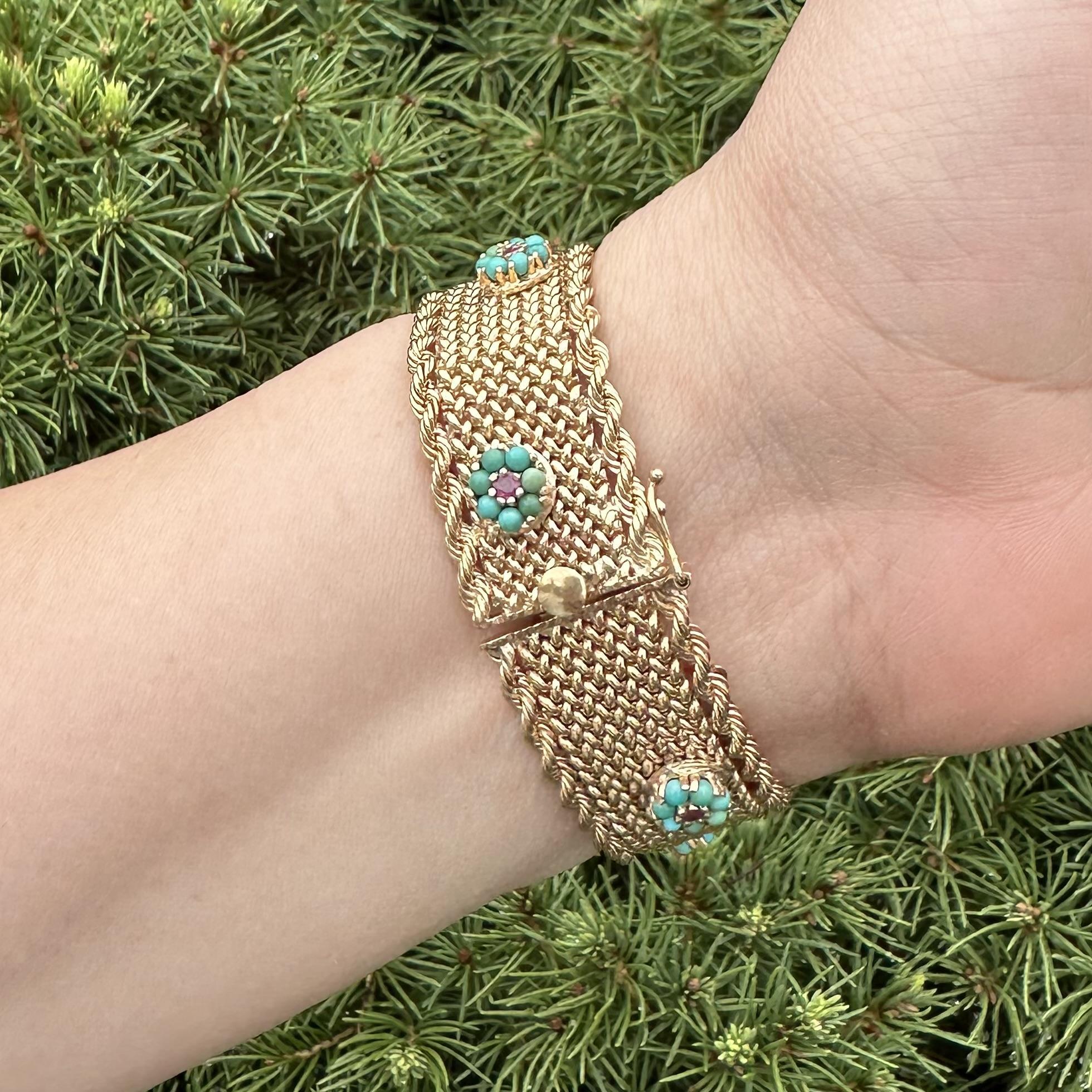 Women's Vintage Solid Gold Turquoise Ruby Flower Cluster Strap Mesh Woven Wide Bracelet For Sale