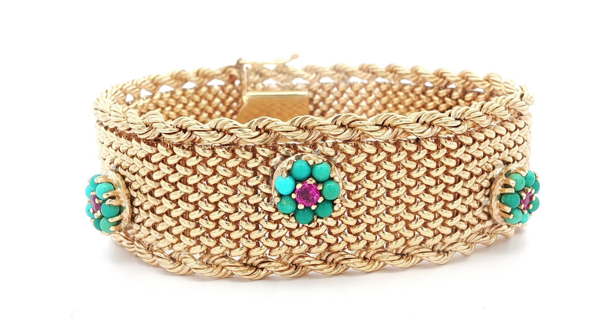Vintage Solid Gold Turquoise Ruby Flower Cluster Strap Mesh Woven Wide Bracelet For Sale 1