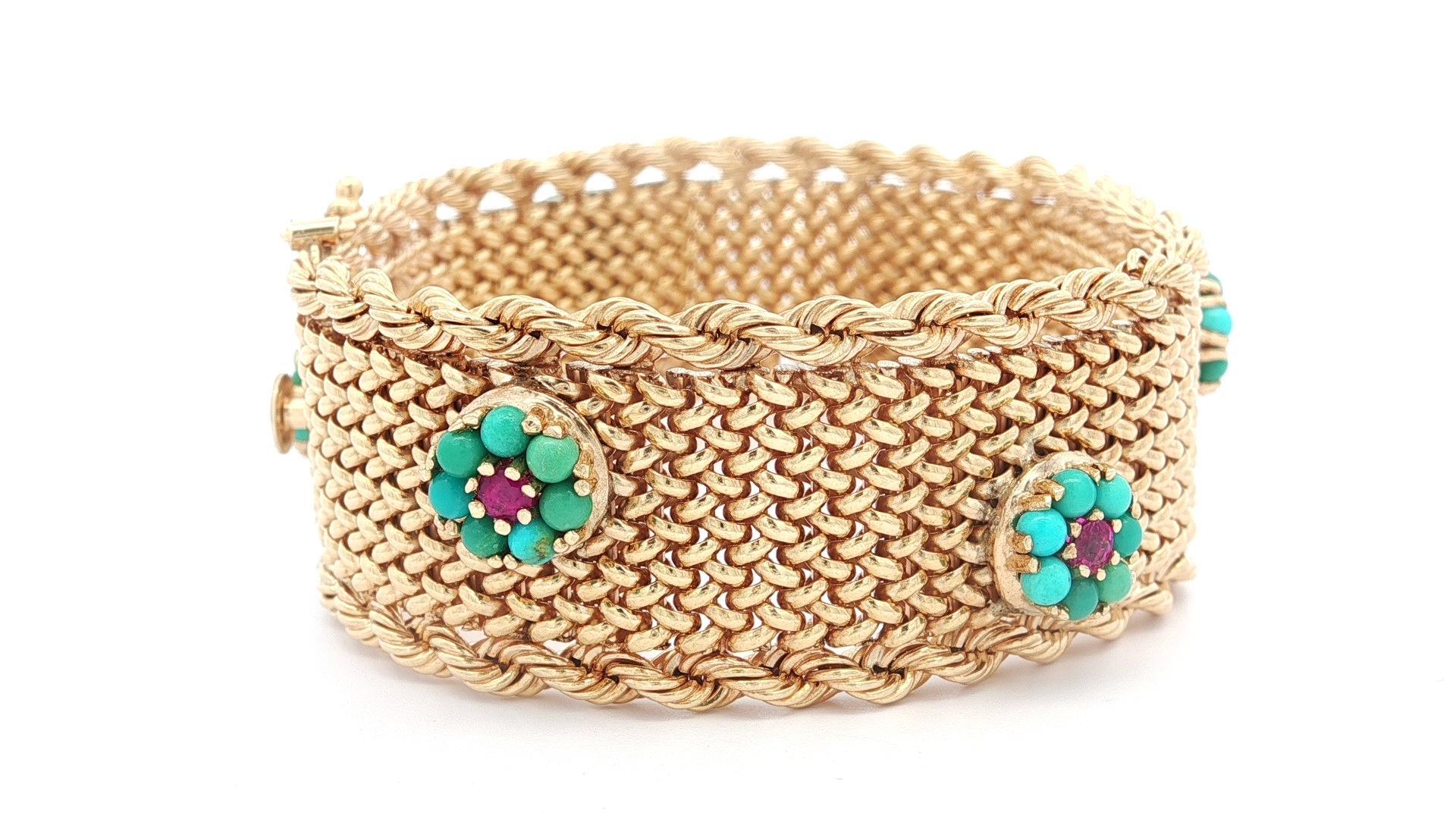 Vintage Solid Gold Turquoise Ruby Flower Cluster Strap Mesh Woven Wide Bracelet For Sale 2