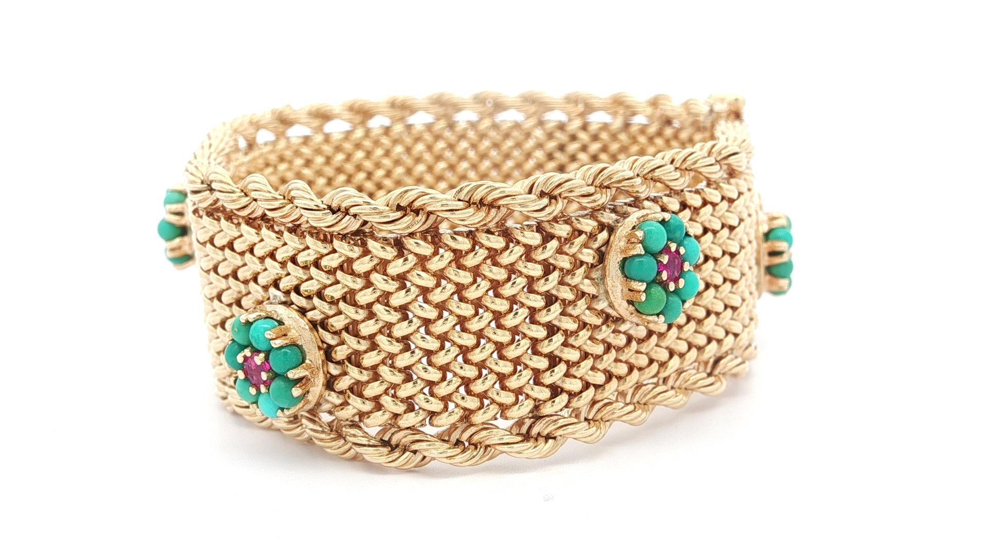 Vintage Solid Gold Turquoise Ruby Flower Cluster Strap Mesh Woven Wide Bracelet For Sale 3