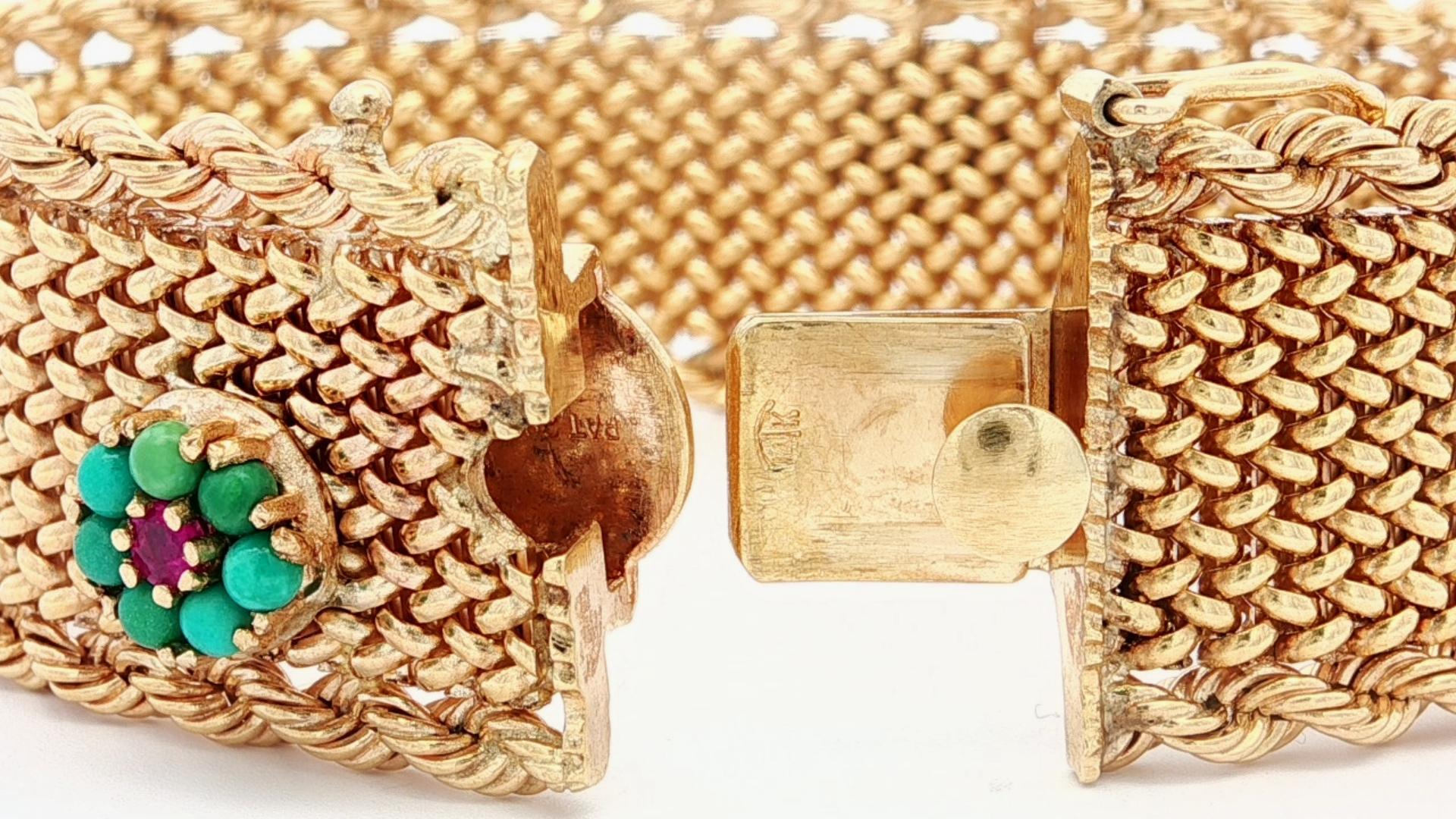 Vintage Solid Gold Turquoise Ruby Flower Cluster Strap Mesh Woven Wide Bracelet For Sale 4