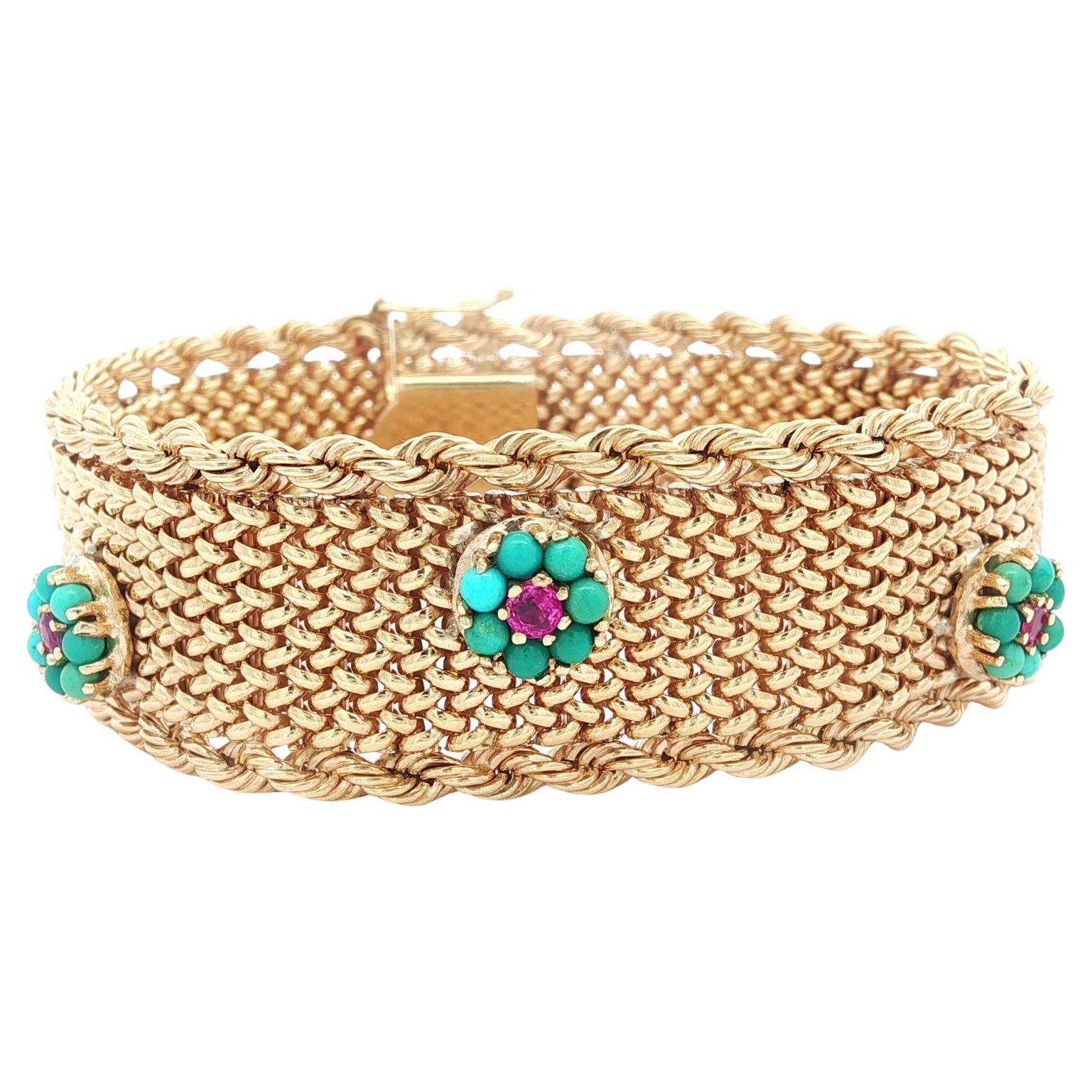 Vintage Solid Gold Turquoise Ruby Flower Cluster Strap Mesh Woven Wide Bracelet For Sale
