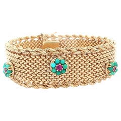 Bracelet Vintage en or massif Turquoise Rubis Fleur Bracelet en maille tissée