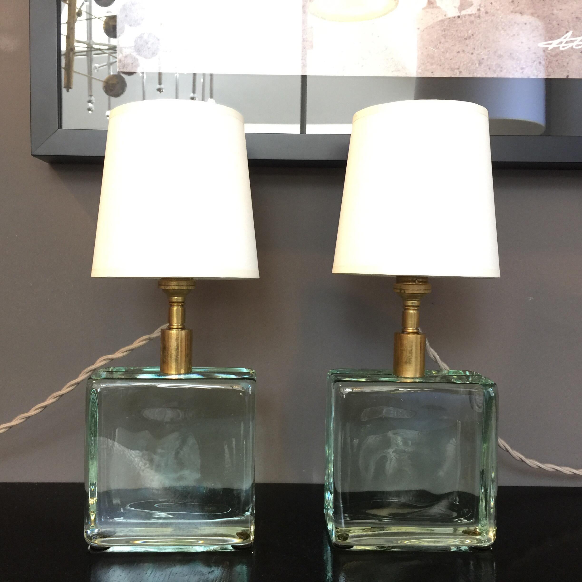 Late 20th Century Vintage Solid Green Glass Brick Table Lamps, Pair