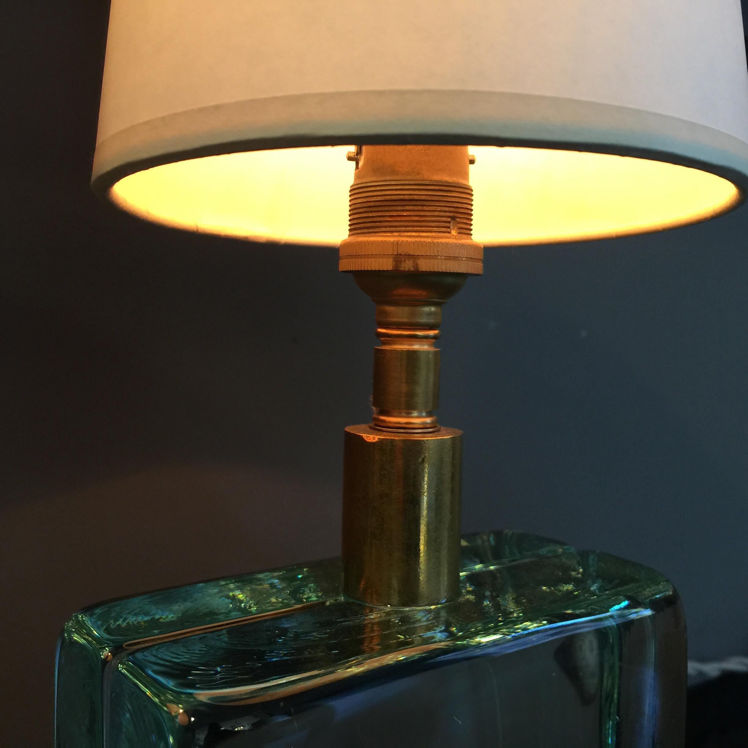 Mid-Century Modern Vintage Solid Green Glass Brick Table Lamps, Pair