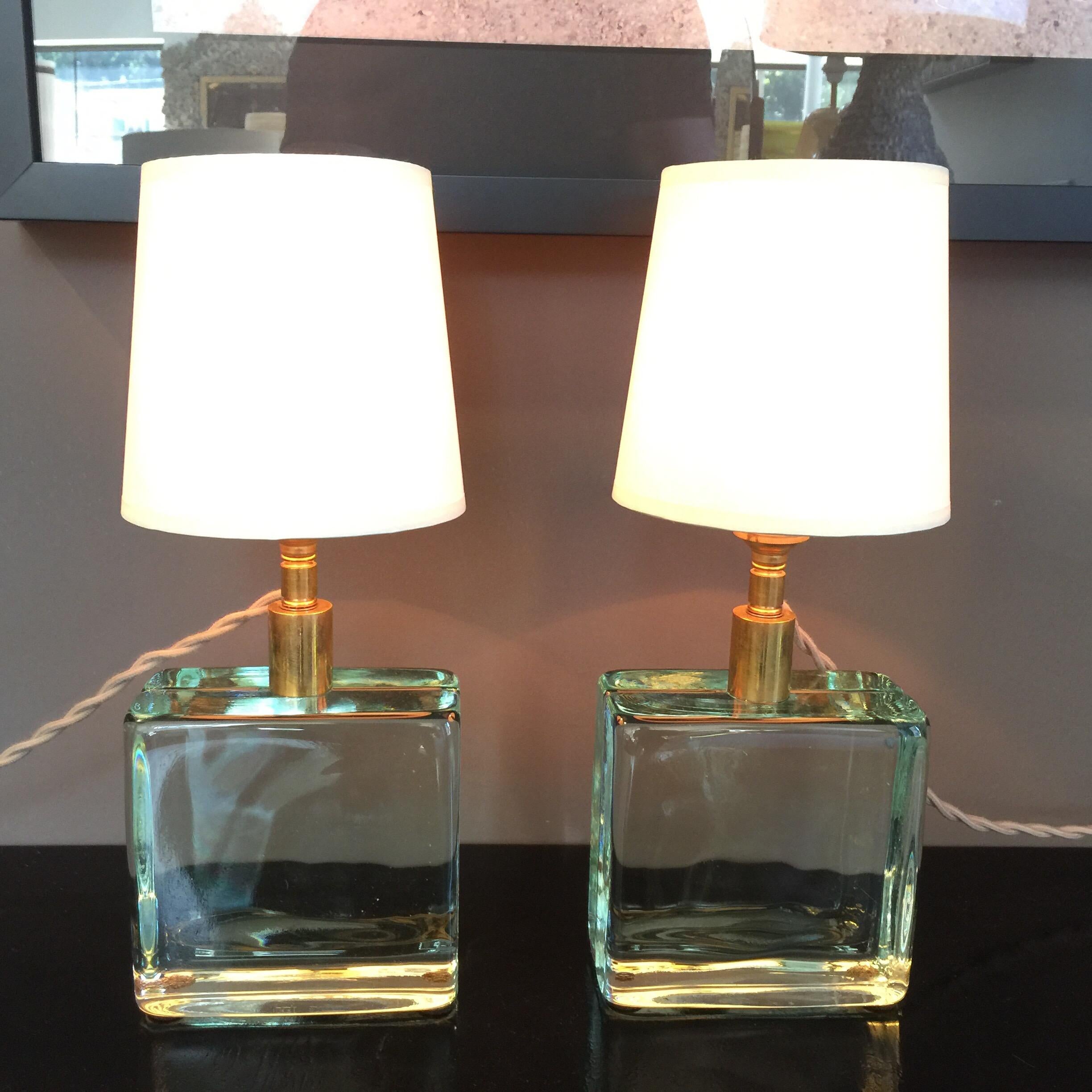 Italian Vintage Solid Green Glass Brick Table Lamps, Pair