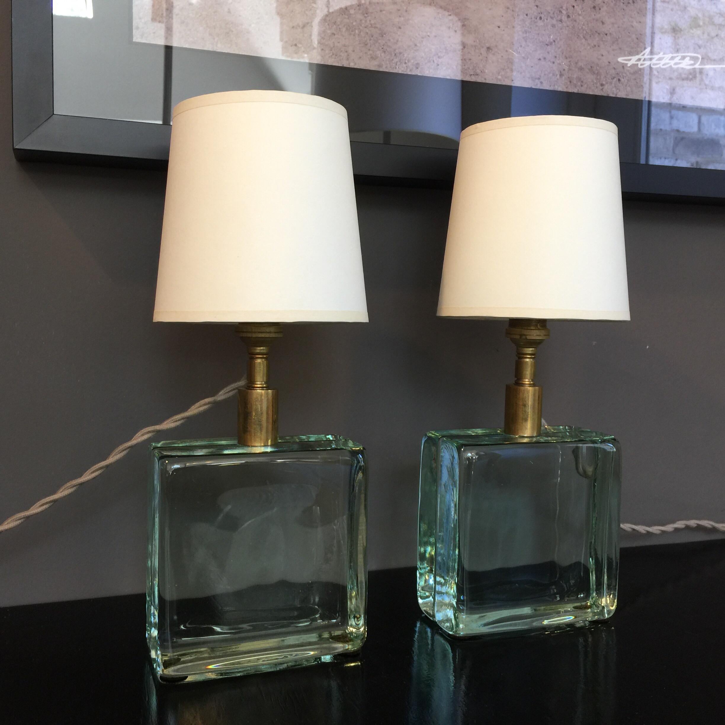 Molded Vintage Solid Green Glass Brick Table Lamps, Pair