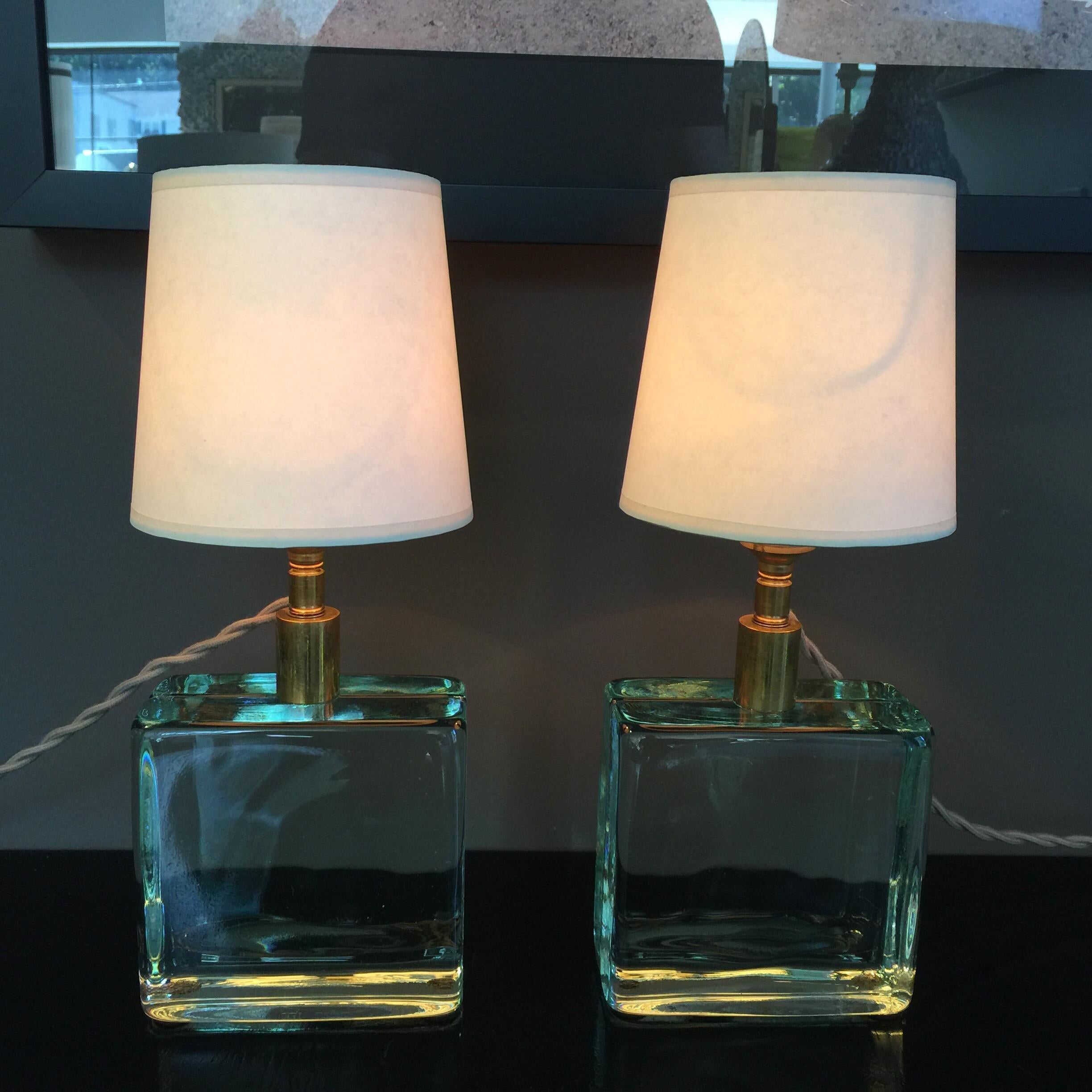 Vintage Solid Green Glass Brick Table Lamps, Pair In Good Condition In East Hampton, NY