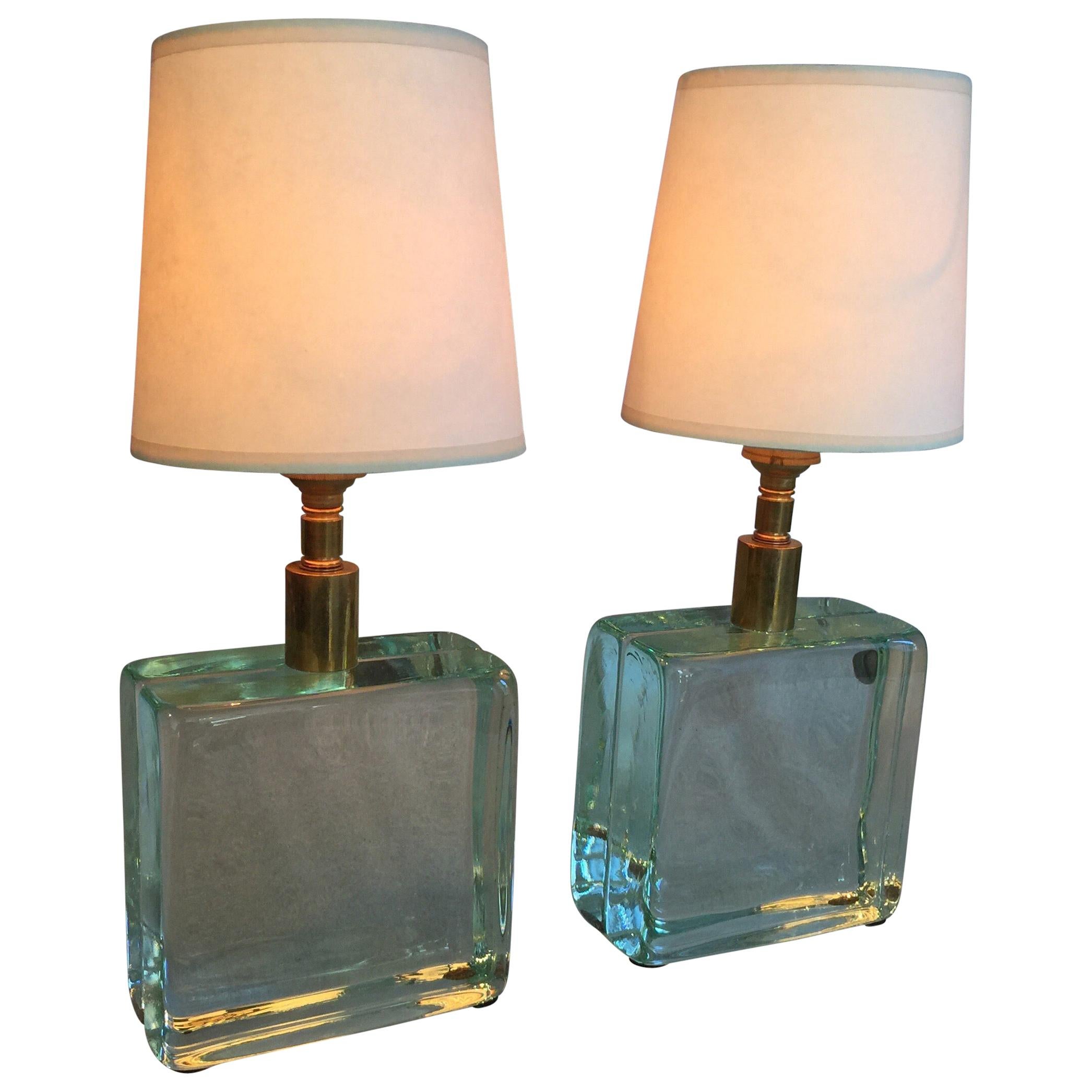Vintage Solid Green Glass Brick Table Lamps, Pair