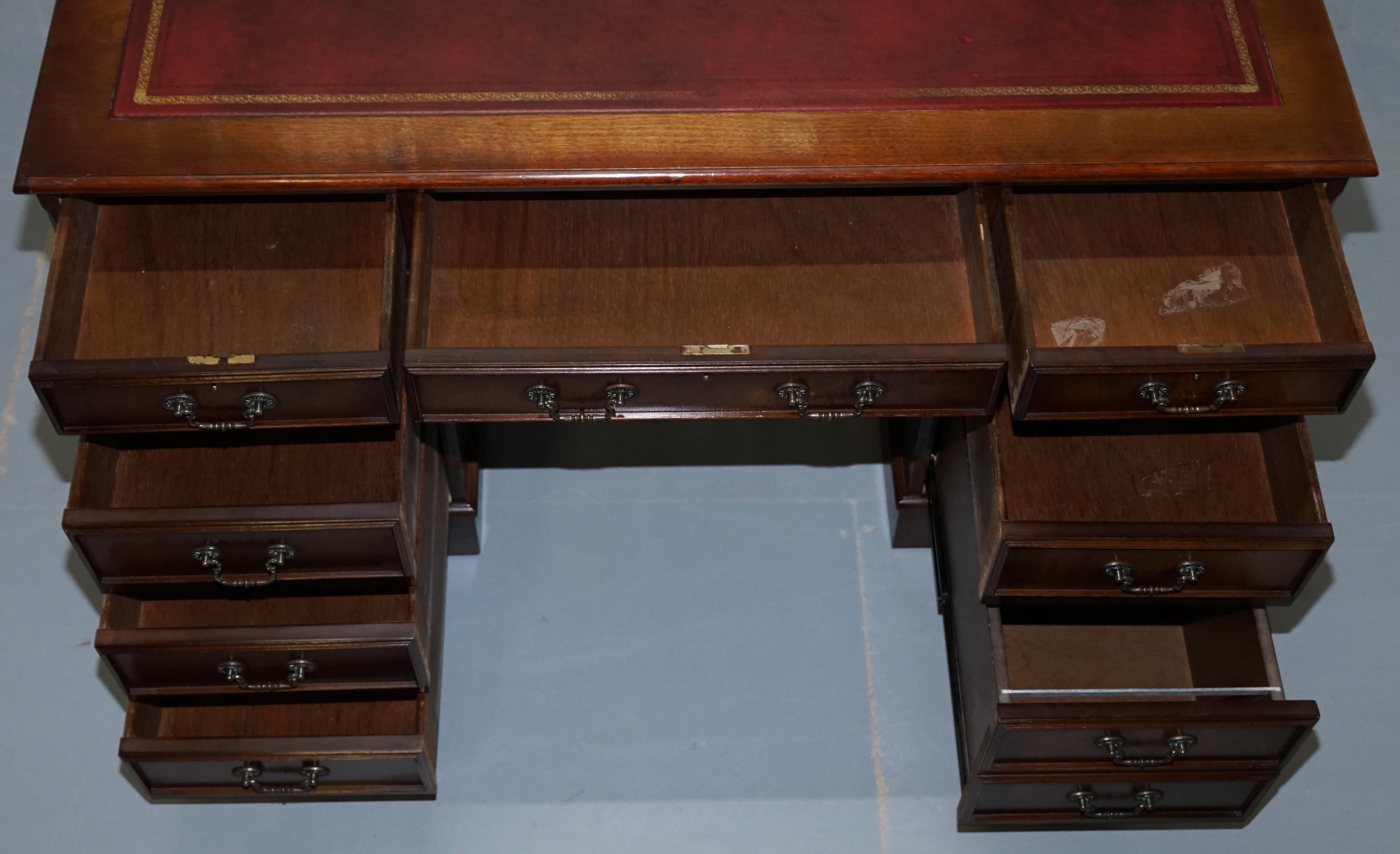 Vintage Solid Mahogany & Oak Twin Pedestal Partner Desk Oxblood Leather Surface 3