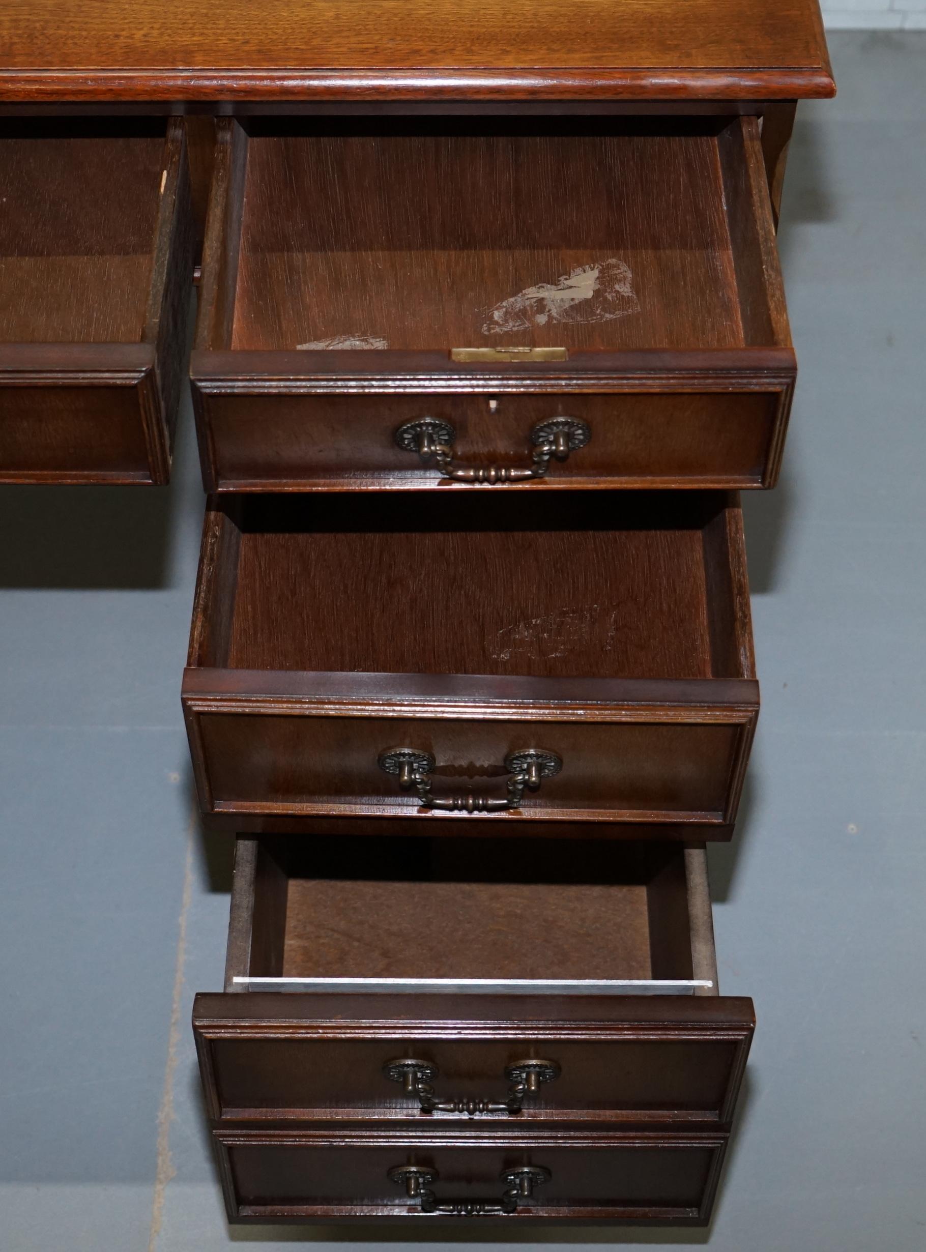 Vintage Solid Mahogany & Oak Twin Pedestal Partner Desk Oxblood Leather Surface 3
