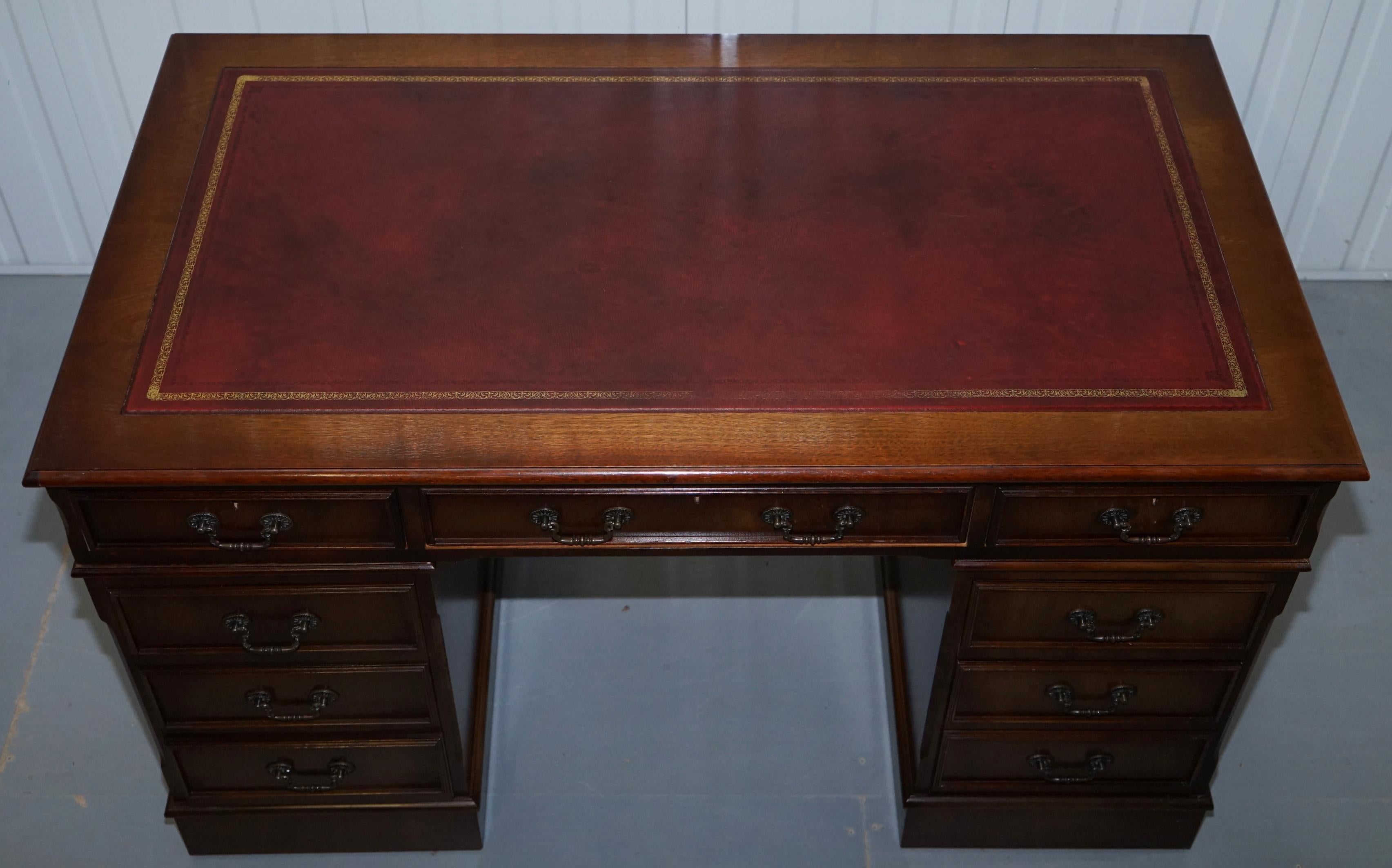 Vintage Solid Mahogany & Oak Twin Pedestal Partner Desk Oxblood Leather Surface 8