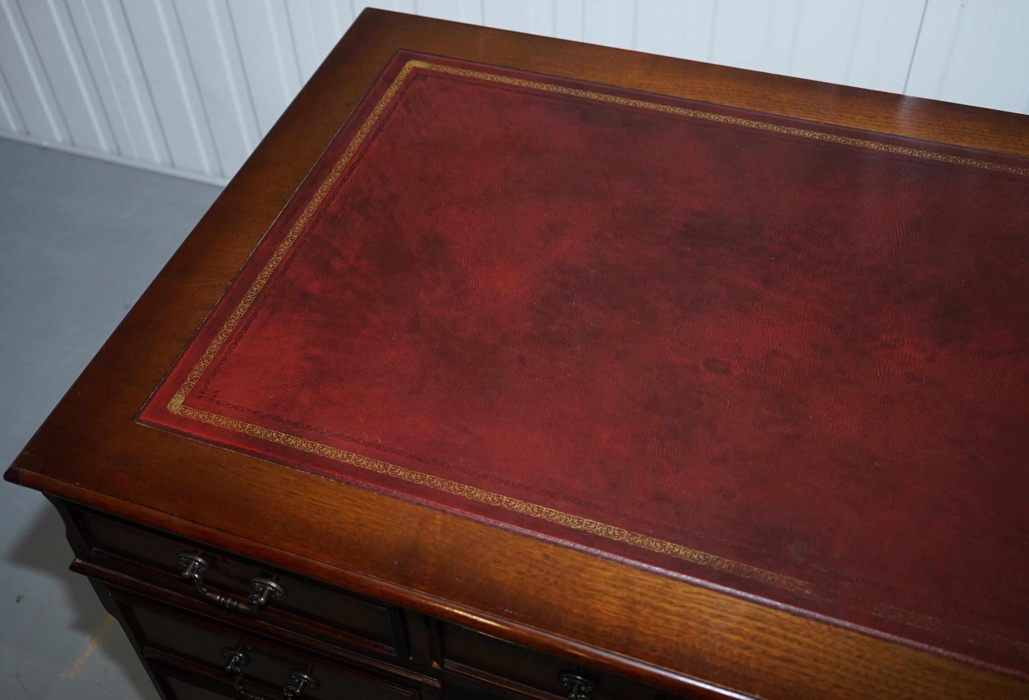 Vintage Solid Mahogany & Oak Twin Pedestal Partner Desk Oxblood Leather Surface 9