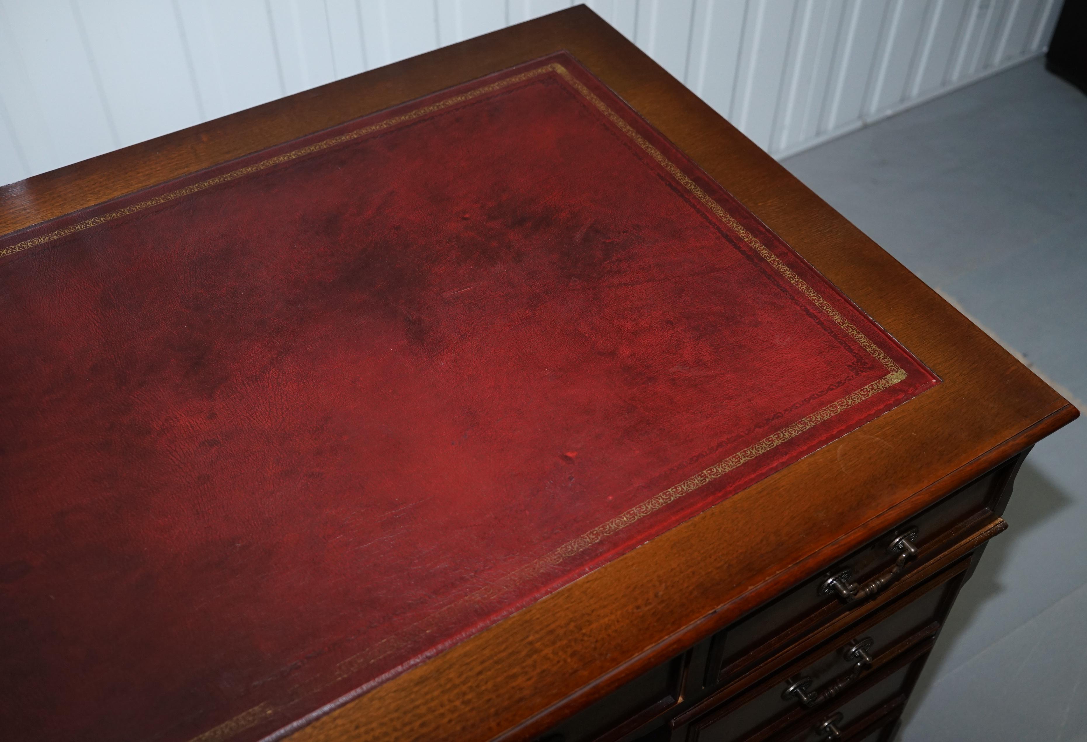 Vintage Solid Mahogany & Oak Twin Pedestal Partner Desk Oxblood Leather Surface 10