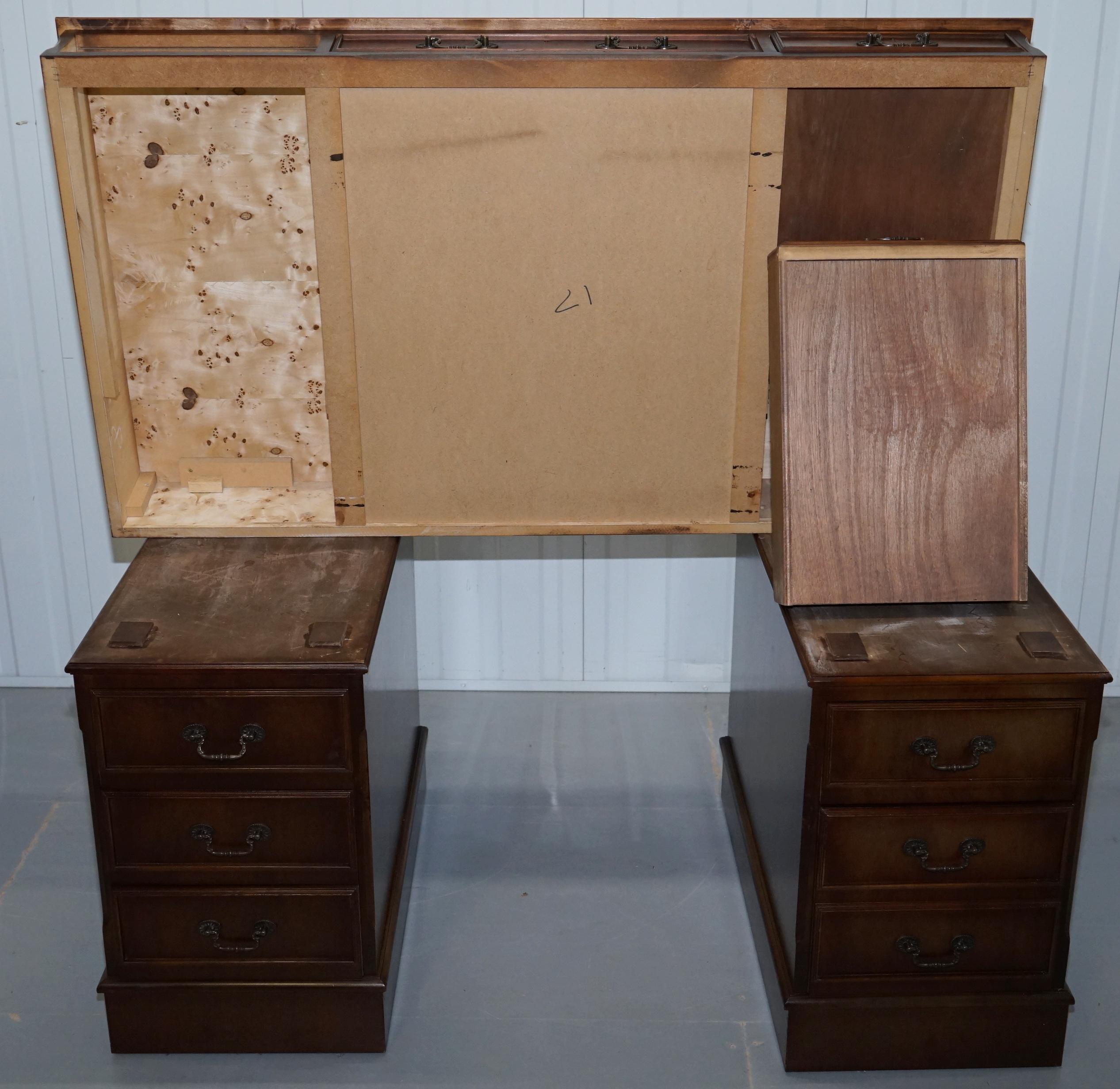 Vintage Solid Mahogany & Oak Twin Pedestal Partner Desk Oxblood Leather Surface 11