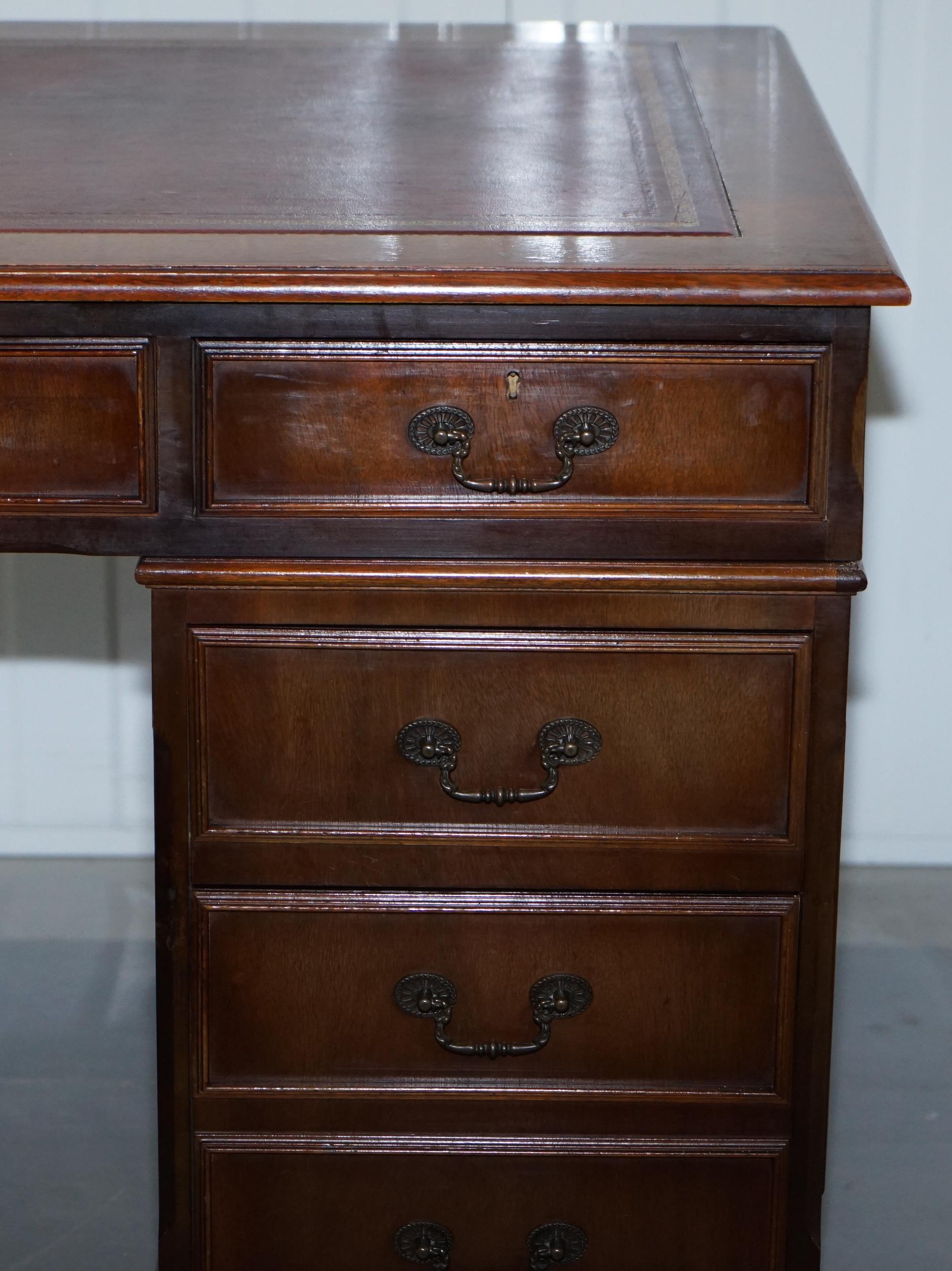 English Vintage Solid Mahogany & Oak Twin Pedestal Partner Desk Oxblood Leather Surface