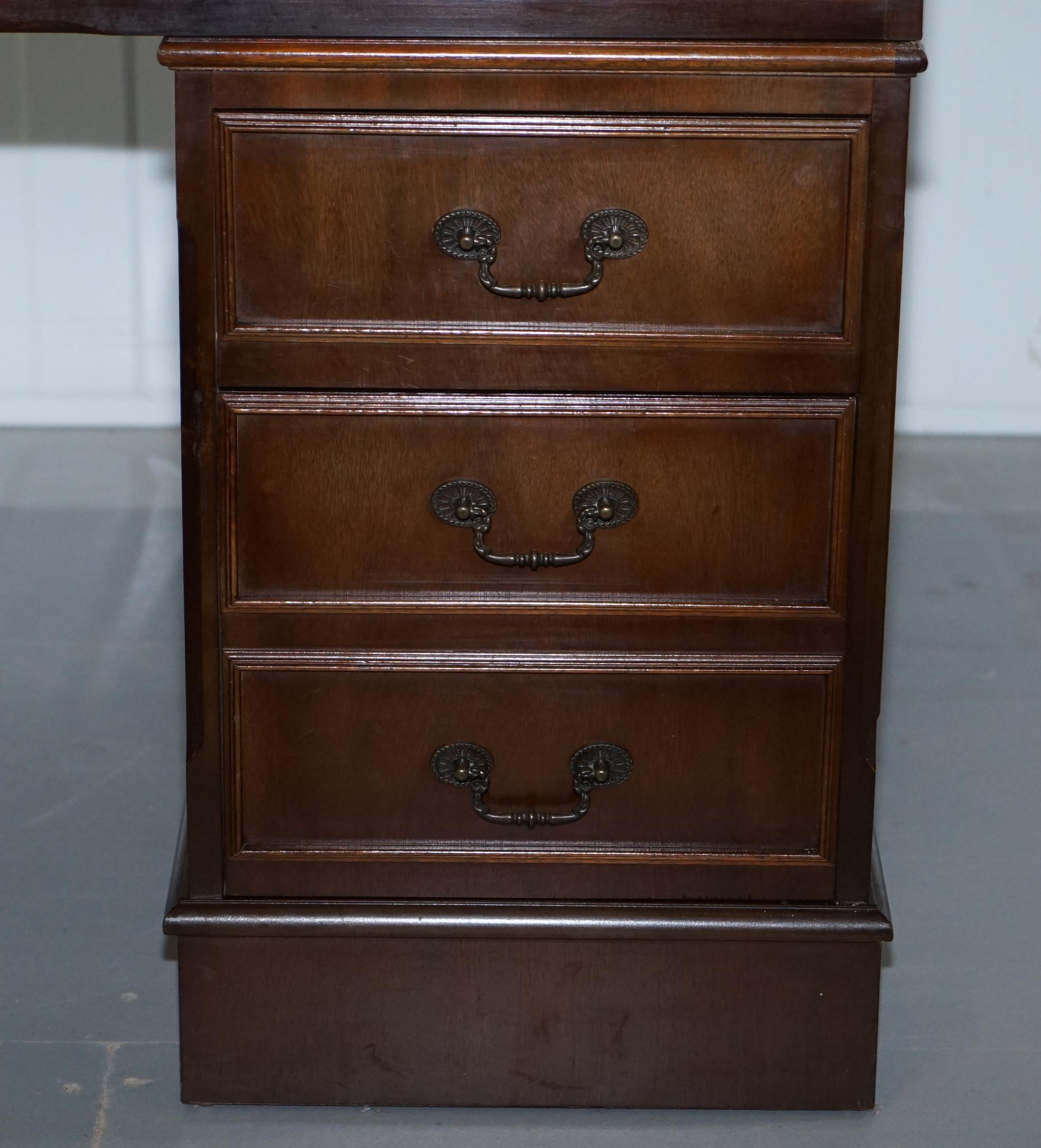 Hand-Carved Vintage Solid Mahogany & Oak Twin Pedestal Partner Desk Oxblood Leather Surface