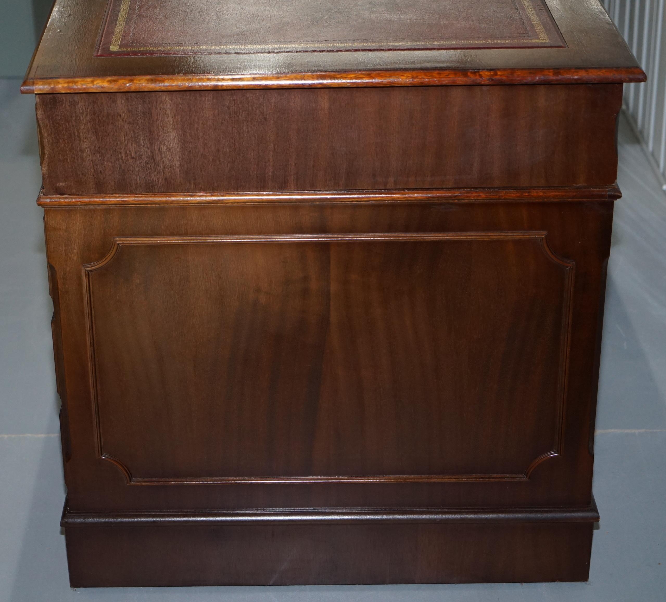 Vintage Solid Mahogany & Oak Twin Pedestal Partner Desk Oxblood Leather Surface 1