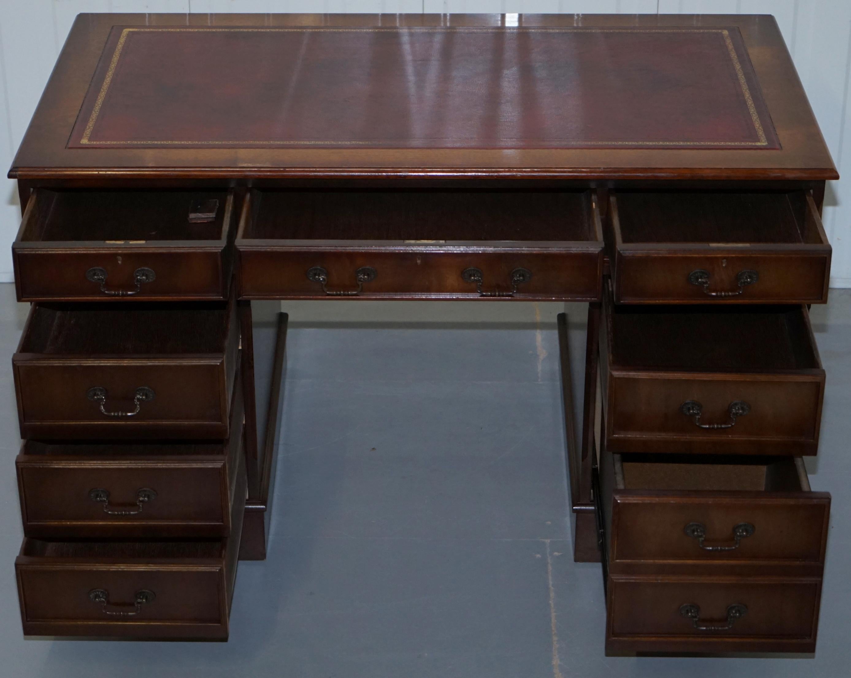 Vintage Solid Mahogany & Oak Twin Pedestal Partner Desk Oxblood Leather Surface 2