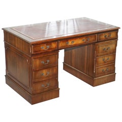 Vintage Solid Mahogany & Oak Twin Pedestal Partner Desk Oxblood Leather Surface