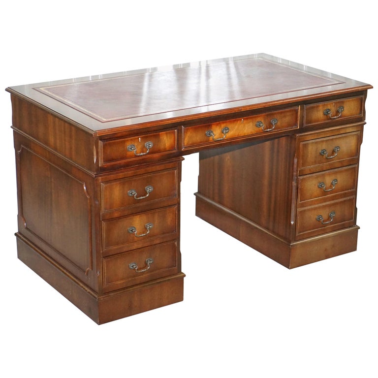Vintage Solid Mahogany And Oak Twin Pedestal Partner Desk Oxblood