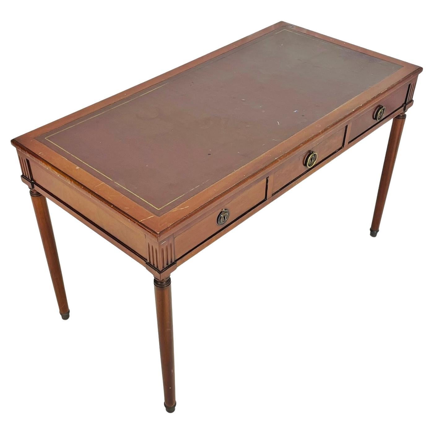 Vintage Solid Mahogany Writing Desk with Leather Top and Brass Hardware For Sale