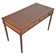 Vintage Solid Mahogany Writing Desk with Leather Top and Brass Hardware