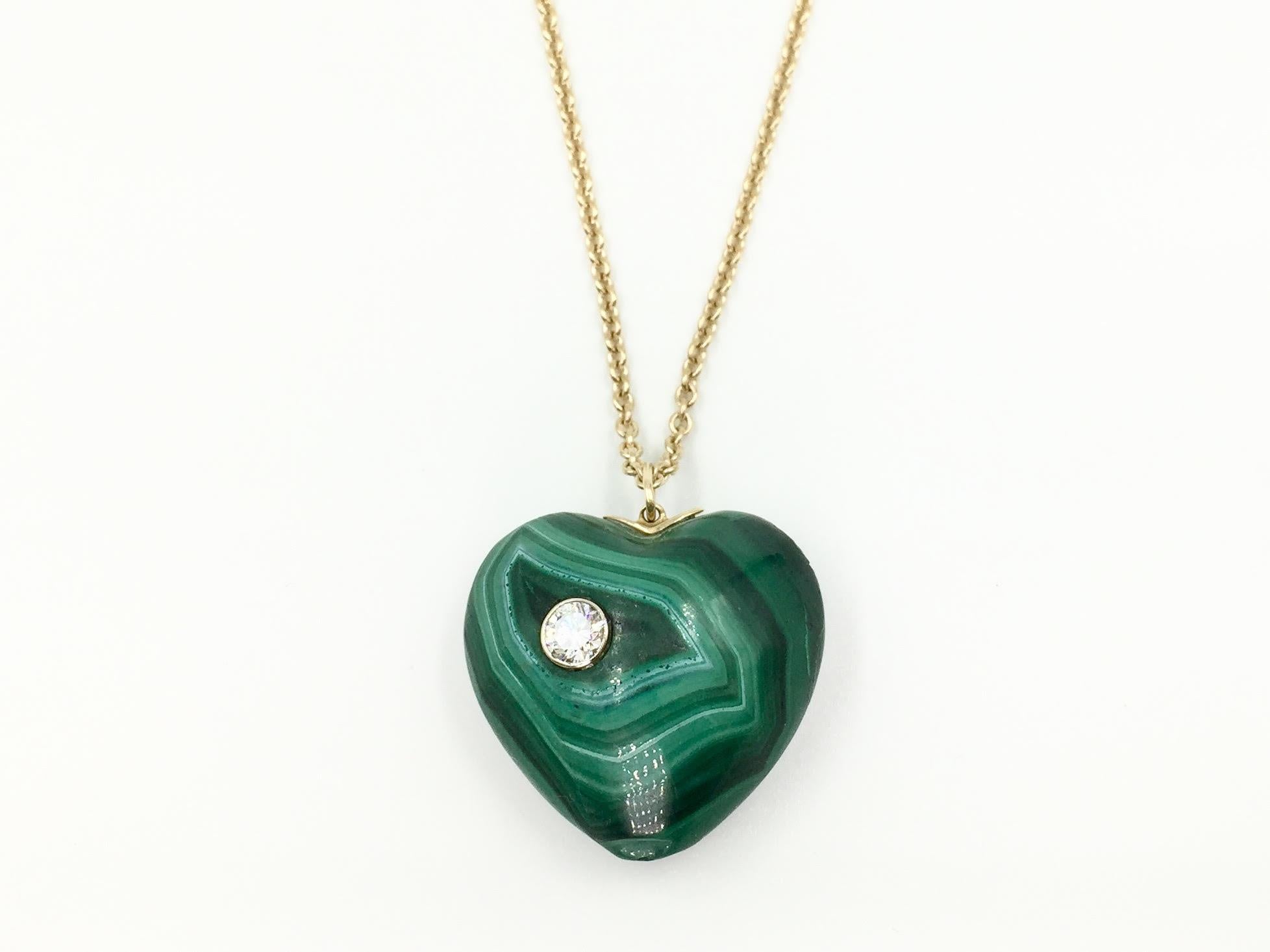 Vintage Solid Malachite and Diamond Heart Pendant In Good Condition In Pikesville, MD