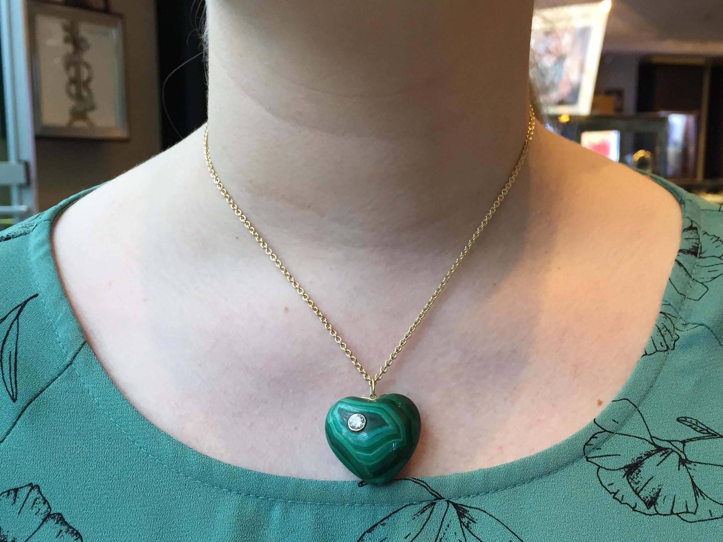 Vintage Solid Malachite and Diamond Heart Pendant 4